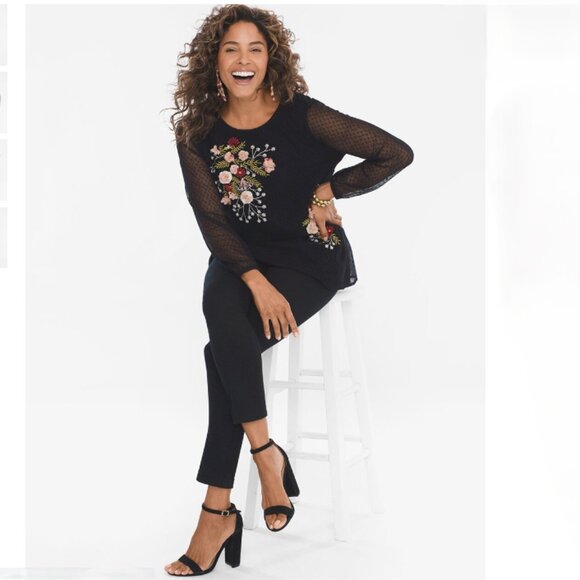Chico's Top Women's Size 3 (16-18) Black Floral Embroidery Sheer Long Sleeves‎ - Picture 2 of 9